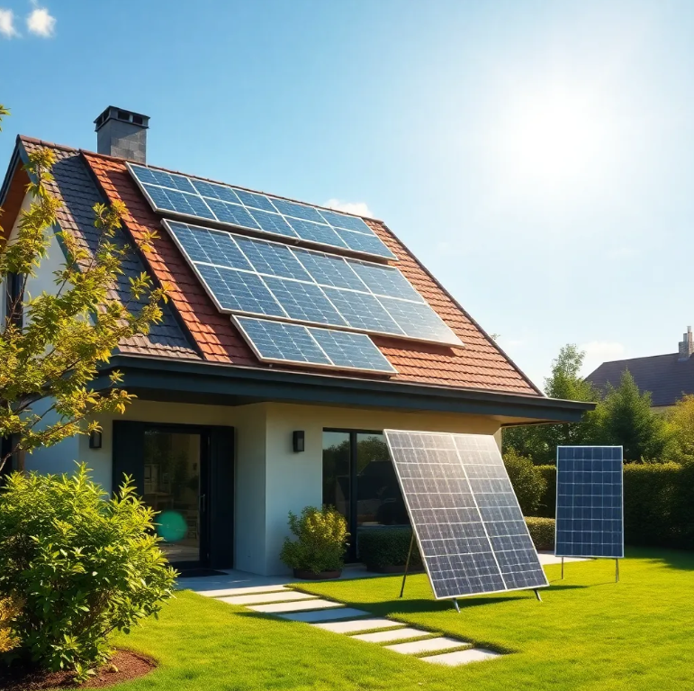 Modern house exterior with solar panels on roof and standalone panels under bright sunlight with lush greenery and clear sky
