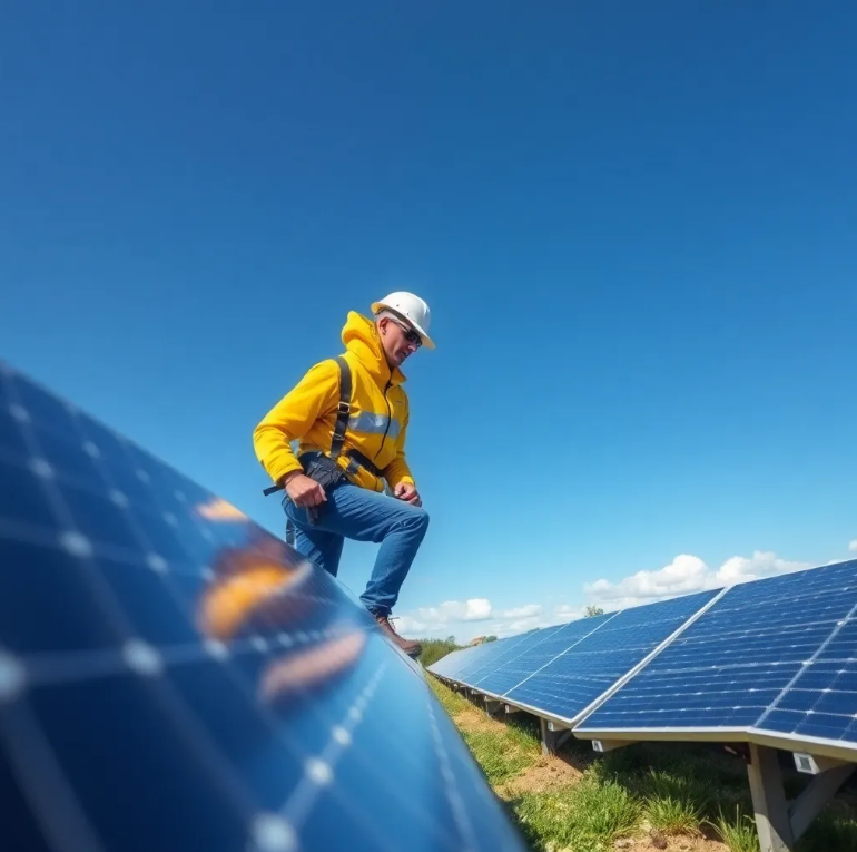 Solar technician in yellow jacket installing or inspecting rows of solar panels on a sunny day with blue sky and some distant clouds