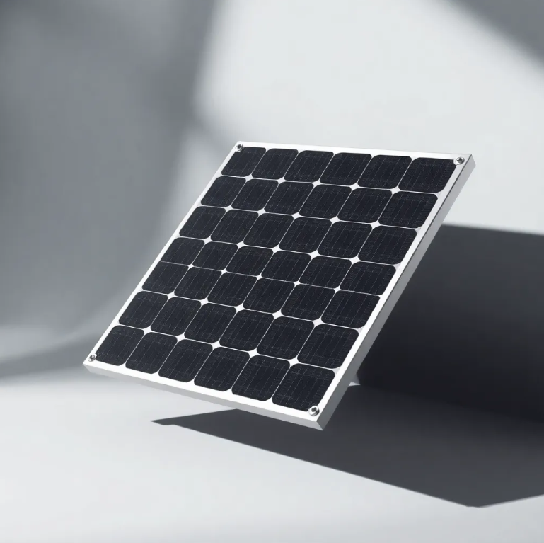 Single solar panel floating in front casting subtle shadow, angled with slight rotation, detailed black solar cells and silver frame