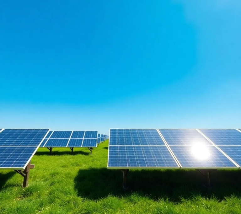 Wide field of solar panels installed on green grass beneath a bright blue sky showing advanced solar energy technology.